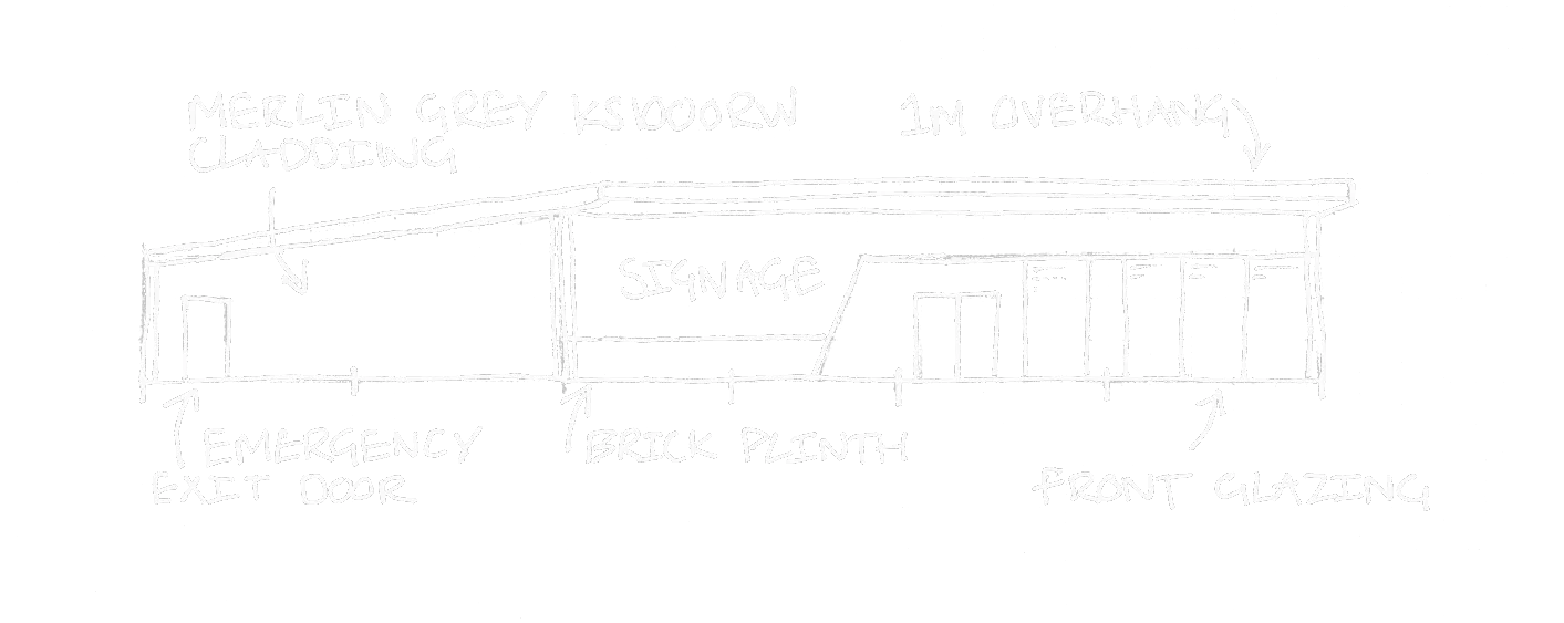 Hand sketch of a restaurant front: Merlin Grey KS1000RW cladding, signage, brick plinth and front glazing