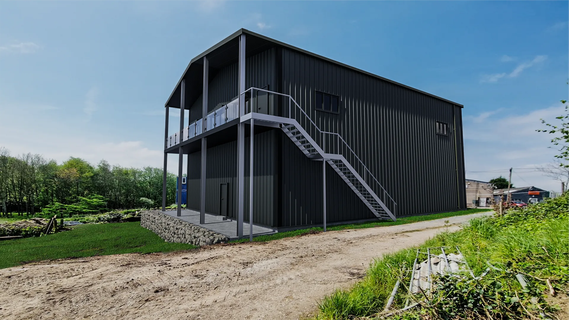 Render of the building superimposed onto a photo of the site